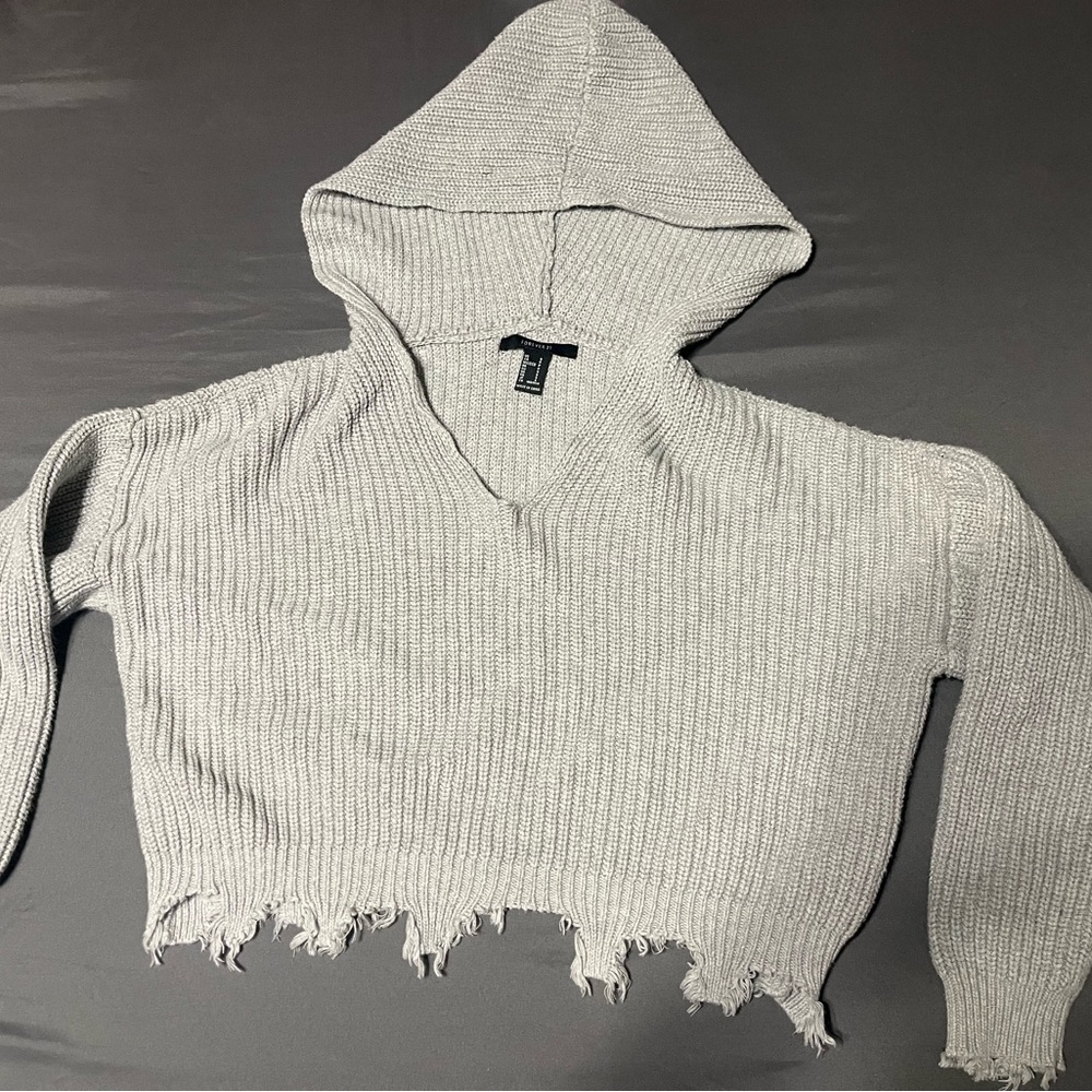 Gray Distressed Knit Hoodie Crop